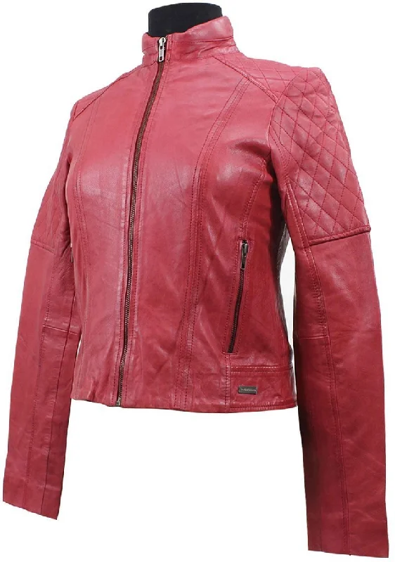 Abby Women’s Zip Leather Jacket - Red