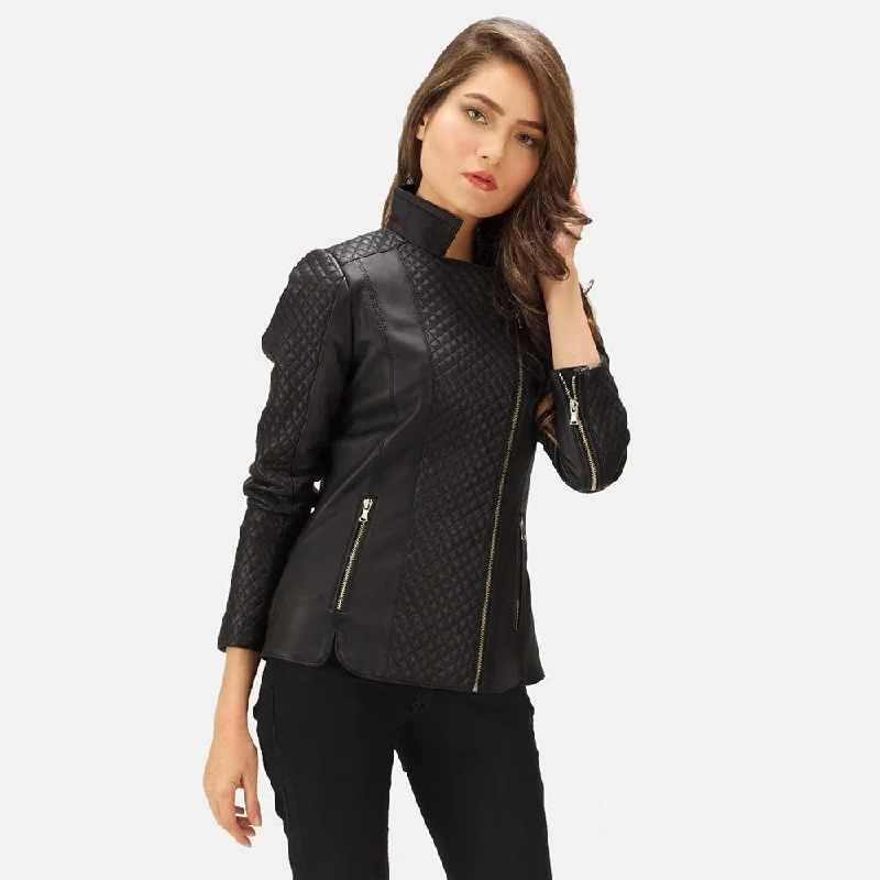 Express Quilted Black Biker Leather Jacket for Women