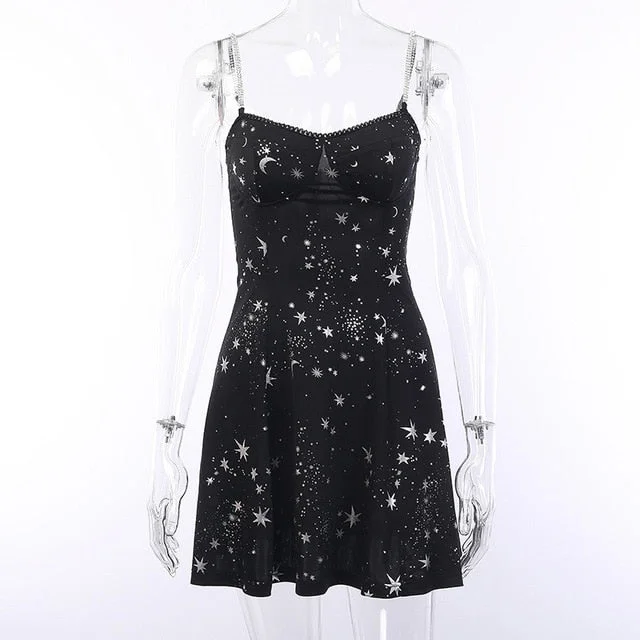 InstaHot Star Moon Print Gothic Dress Women Chain Strap Mini Black Punk V Neck Casual Summer Dresses Elegant Clothes Univers New